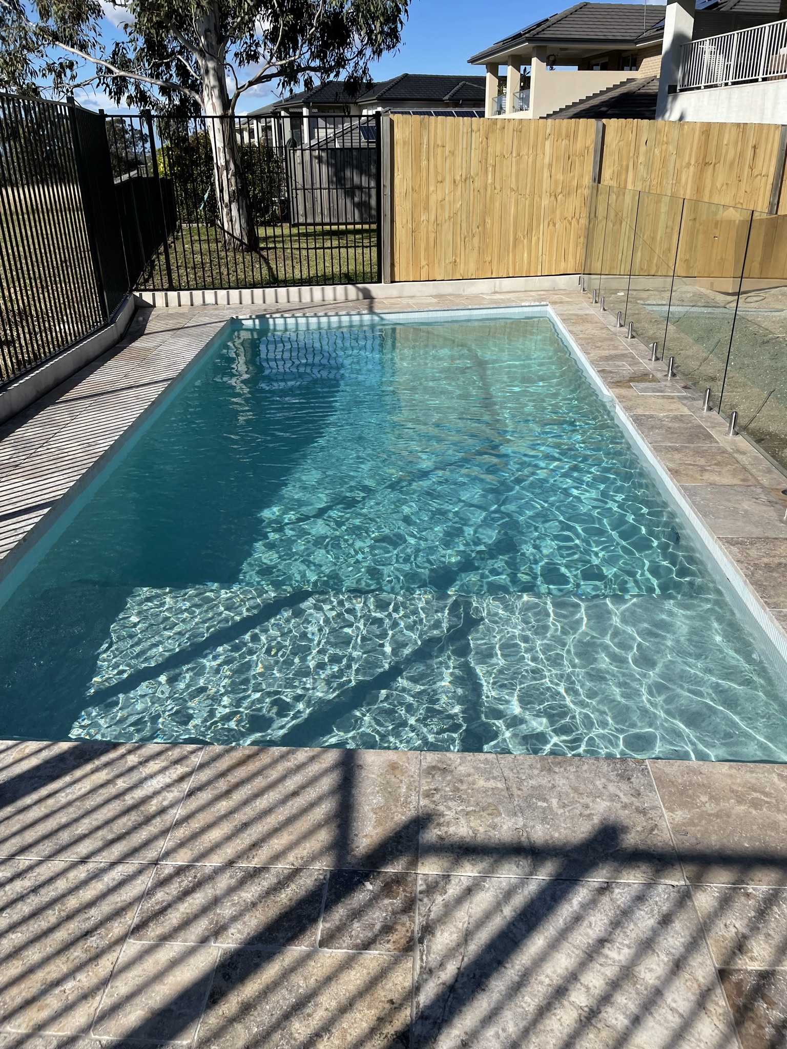 A backyard pool with frameless glass fencing and travertine paving